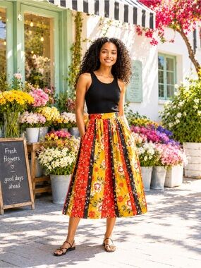 Truly 4 You Patchwork Floral Skirt Size Small Elastic Waist Bohemian